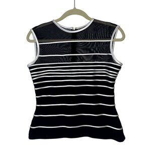 Tadashi Vintage Women Top Size Large Black White Striped Mesh Stretch Sleeveless